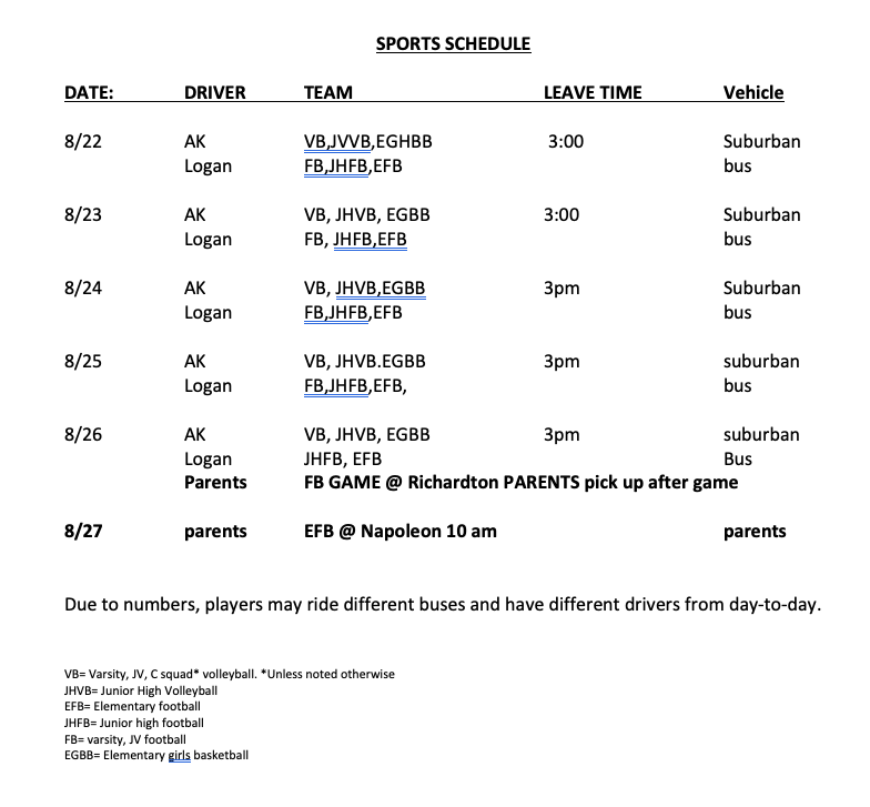 Sports schedule