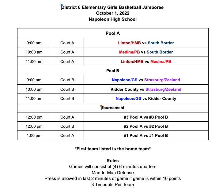 Elementary Girls Basketball Jamboree Oct 1st 